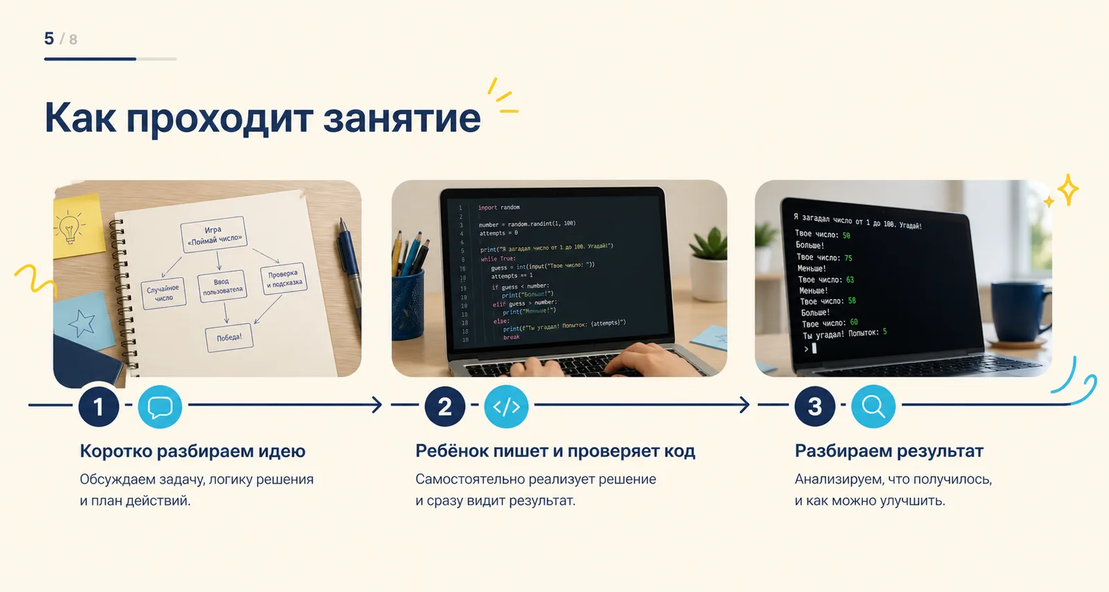 Урок Python сочетает короткое объяснение, самостоятельную практику и разбор результата